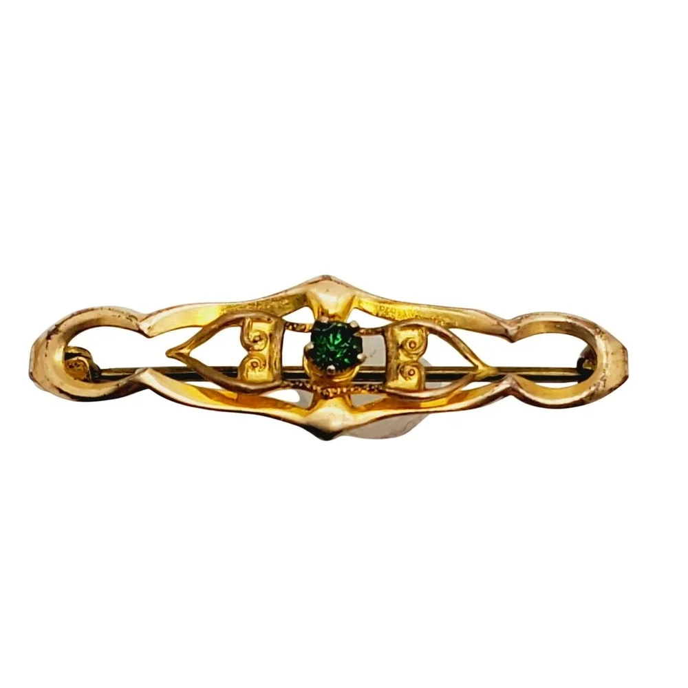 Antique Bar Pin Gold Tone Green Rhinestone Filigree Brooch Victorian Revival Vtg